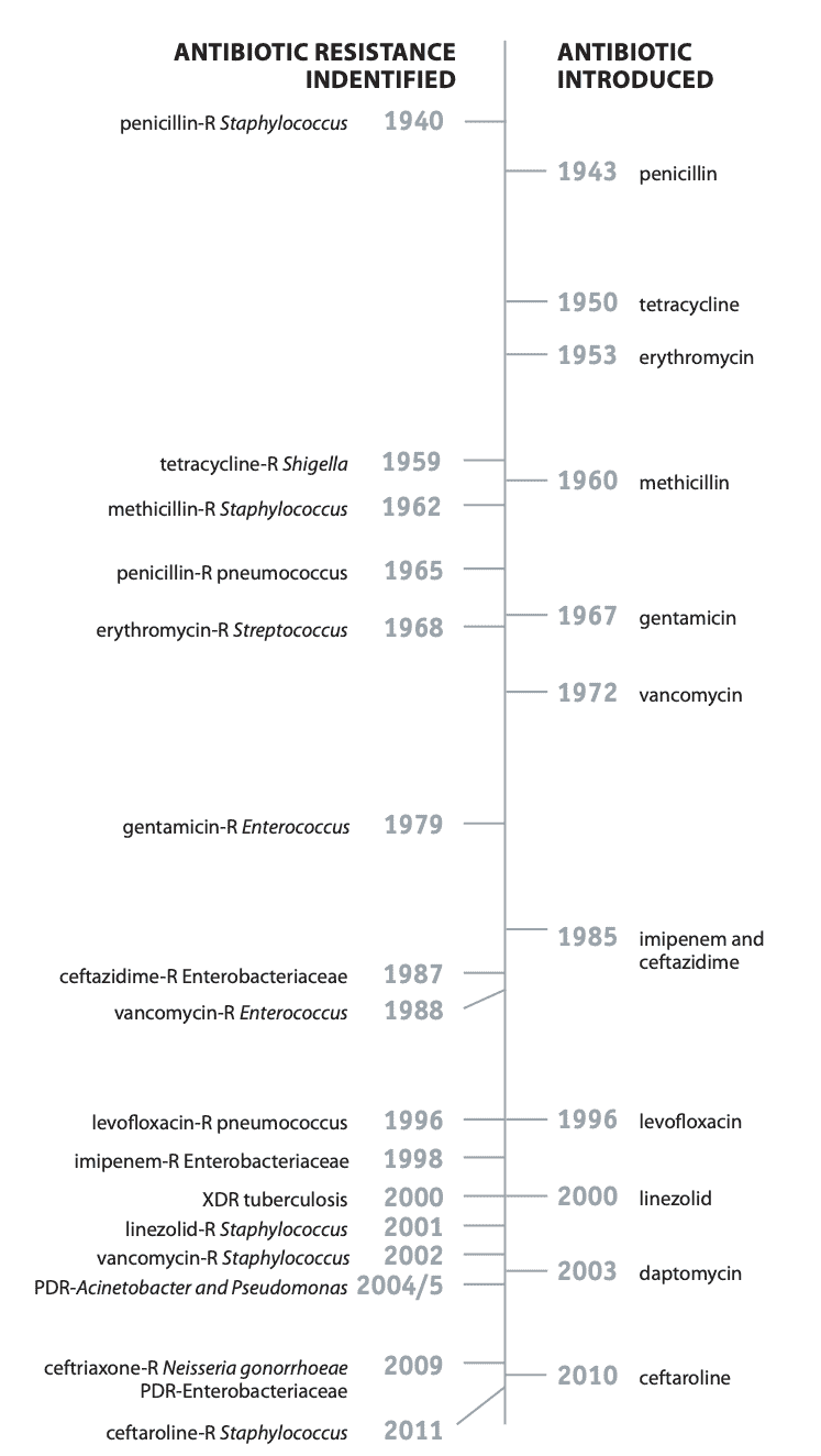 A timeline showing when antibiotics were developed compared to when antibiotic resistance was identified